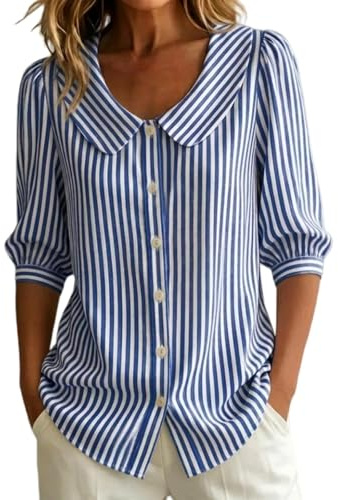 Chemisier Femme Rayé à Col Claudine, Blouse Boutonnée Manches 3/4, Haut Décontracté Coupe Ample, T-Shirt Chic pour Travail Vacances Quotidien Mode Femme