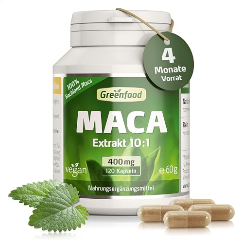 Maca, Wurzel-Extrakt, hochdosiert, 400mg - 120 Kapseln, vegan. Original Hochland Maca. OHNE künstliche Zusätze - laborgeprüft. Von Greenfood.