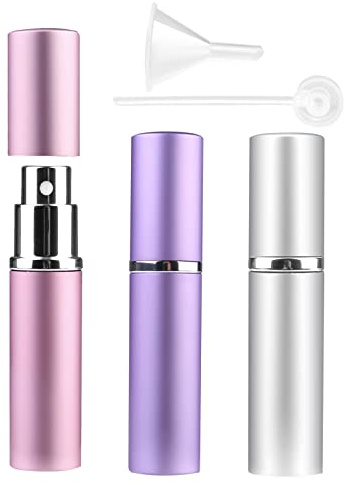 Zingso Refillable Travel Perfume Atomiser Bottles, 3 Pcs 6ml, Mini Portable Spray Bottles for Perfume Aftershave, Empty Travel Bottles with Funnel (Pink+Silver+Purple)