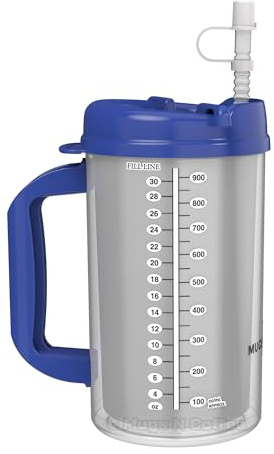 Mugs N Coffee 32 oz Travel Mug – Blue Hospital Mug for Cold Drinks – Double Wall Insulated, Large Handle – BPA-Free, Leak-Resistant – Includes Lid and Straw – Made in USA