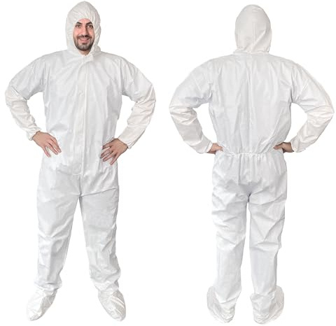 EZGOODZ Disposable Coveralls with Hood & Boots, 60 GSM White Work Coveralls, Large, Pack of 5, Zipper Front, Elastic Wrists & Back, Lightweight Full Body Suit