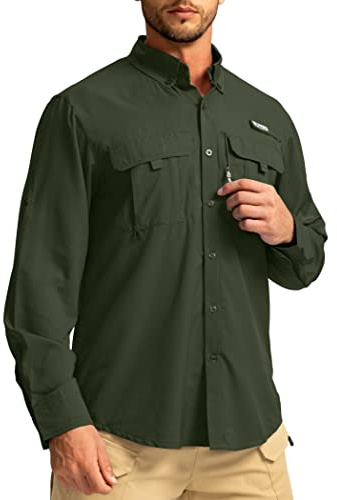 Men's Sun Protection Fishing Shirts Long Sleeve Travel Work Shirts for Men UPF50+ Button Down Shirts with Zipper Pockets(Olive X-Large)