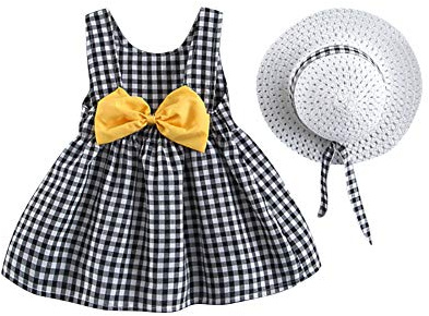 IWEMEK Robe Bébé Enfant Fille été Fleur Imprimé Costume Princesse Nœud Papillon Ensemble Trapèze sans Manches + Chapeau de Paille Décontractée Ceremonie Plage Vacances Loisir Fête 9 Mois-3 Ans