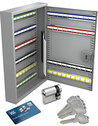BASI Armario para llaves con perfil medio cilindro a juego de 10/30 mm, con 100 ganchos, listones de ganchos ajustables y numerados, 550 x 380 x 80 mm, acero, color gris