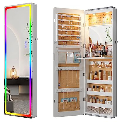 HNEBC LED Mirror Jewelry Cabinet with RGB Lights,47.2 Wall Mounted Jewelry Organizer with Full-Length Mirror,Over The Door Hanging Jewelry Armoire Storage Cabinet,Folding Dresser,2 Drawers,Lockable