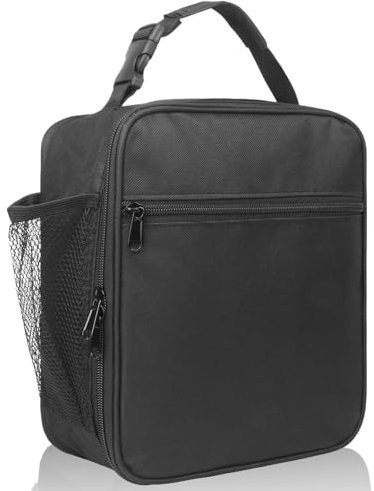 TIECHI Insulated Lunch Bag with Side Mesh Pocket, Thermal Packed Lunch Box for Adults/Kids/Men/Women, Water-Resistant Leakproof Cool Bag for Work/School/Picnic/Outdoor(Black)