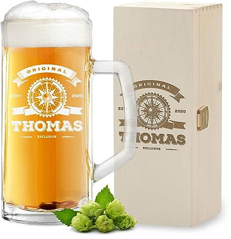 2-tlg Bier-Set 1x Bierkrug 0,5 L aus Glas und 1x Holzkiste mit Gravur - Geschenke für Männer - ideal zum Geburtstag und Jubiläum - 500 ml Bierseidel mit Füllstrich - perfekt für Papa und Opa
