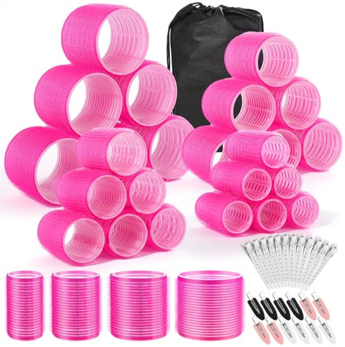 VEVOQIM 49 Stücke Lockenwickler Große Locken Set,4 Größe Hitzefreie Jumbo Groß Kleine Lockenwickler Selbsthaftend Hair Rollers 63 mm 44mm 35mm 25mm mit Klammern für lange mittlere kleine Haar