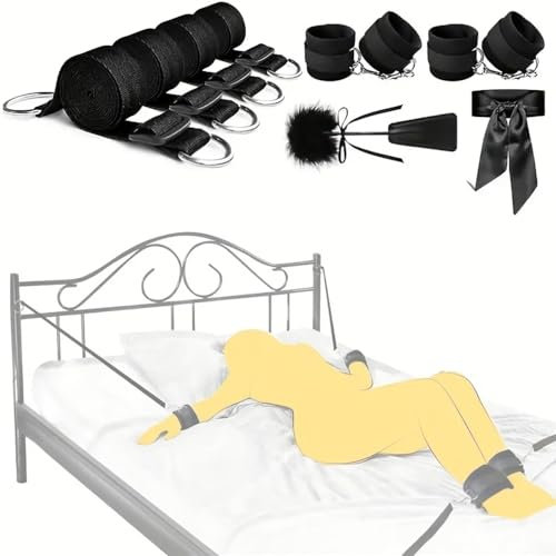 Bedding 5 pezzi, set di manette e manette per piedi in acciaio con maschera per gli occhi, piume e cuscinetti in pelle