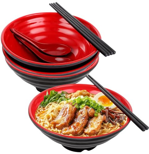 DAJAVE Ramen Bowls Set of 4 Japanese Bowl, Large Melamine Bowls Ramen Noodle Bowl with Chopsticks and Spoons for Soup, Salad, Rice and Pasta Dishes