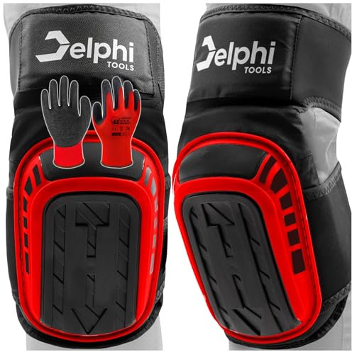 Delphi Knieschoner mit Gelpolster für Arbeit und Garten – Komfortabler Profi Knieschutz für Handwerker, Fliesenleger, Heimwerker – Inkl. Handschuhe