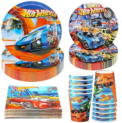 Hmfmdy Set di stoviglie da corsa, 50 pezzi, decorazione per auto da corsa, set di stoviglie per compleanno, con piatto di carta, tovaglioli, per feste di compleanno per bambini, per 10 ospiti