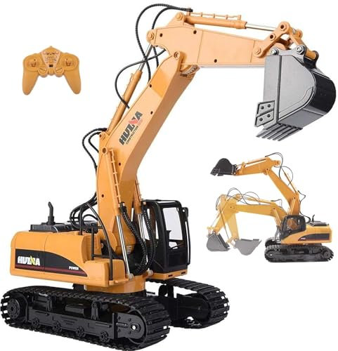 COIL Ferngesteuertes Auto Schnell RC Bagger – 1:14 Baufahrzeug mit 680° drehbarer Kabine, LED-Lichtern und Simulationsmusik, Robustes ABS-Material, Kinder – 2,4 GHz, Gelb