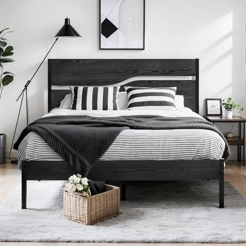 VECELO Cadre de lit 140 x 200 cm avec tête de lit en Bois épais - Lit Double en métal avec sommier à Lattes - Lit d'invité Moderne pour Adolescents - Parfait pour Adultes et Adolescents - Noir