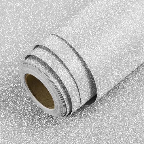 LACHEERY Argento Carta Adesiva per Mobili Glitterata 40cm x 200cm Pellicola Adesiva per Mobili Argento Impermeabile Rivestimento Adesivo PVC Pellicola per Cucina Armadio Cassetto DIY Decorativo