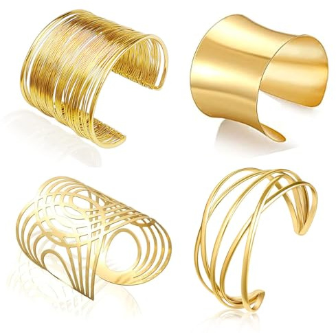 KUIZHEN 4Pcs Bangle Wide, Open Metal Wire Bracelet, Bangle Cuff Bracelets for Women, Arm Cuff Bangle Bracelet Set for Women Girls (Gold)