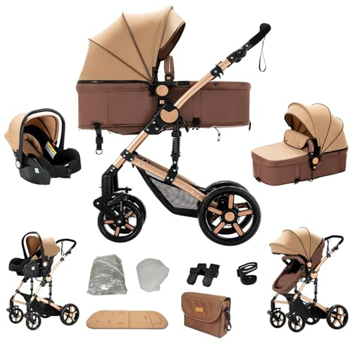 Veitoalioy Carrito Bebe 3 en 1, Portátil Cochecito Plegable, Carrito de Paisaje Alto Se puede empujar hacia adelante y hacia atrás, Cochecito de Bebé Conveniente y Multifuncional (588 Khaki)