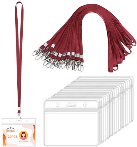 Segus Portatarjetas Colgante, 20 Piezas Lanyard con Funda Tarjeta Identificación, Acreditaciones Colgantes Transparente, para Oficina, Escuela, Hospital (Rojo Jujube, Horizontal)