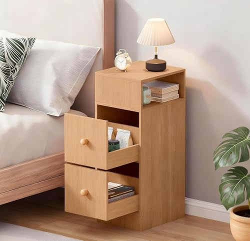 Menaka Slim Bedside Table Wood Drawers Cabinet Nightstand, Small Side Table Narrow Sofa Bed Side Table with Drawer and Shelves for Bedroom Living Room (Oak#1)