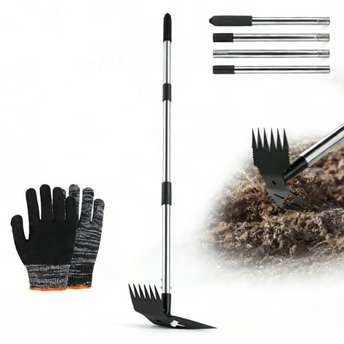 TCETCY Strumento per la Rimozione delle Erbacce con Guanti, Estirpatore Erbacce Rimuovere con Manico Lungo Regolabile 40/76/112/148 cm Strumento da Giardinaggio 2 in 1 per Giardino, Cortile, Prato