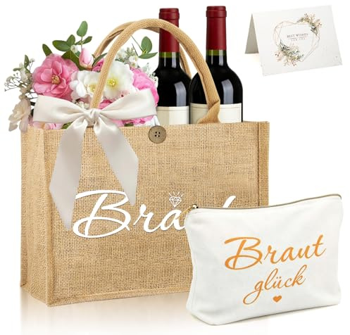 SPOKKI Borsa da sposa in iuta con borsa per cosmetici, nastro bianco, biglietto di auguri per sposa, addio al nubilato, addio al celibato, matrimonio, addio al nubilato