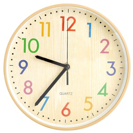 VOSSOT Orologio da parete da 8 pollici per camera dei bambini Silenzioso, adulti e bambini Lettere colorate Orologio da in legno massello al quarzo per scuola ufficio soggiorno cucina (20CM