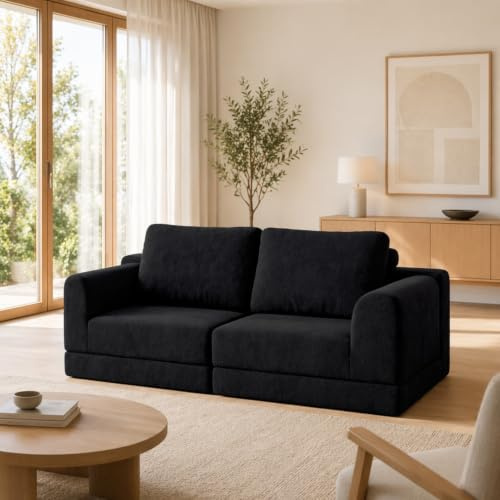EURHCIO Canapé 2 Places Modulable,Canapé Lit Convertible,Tissu en Flanelle,2 Coussins,DIY Libre,pour Salon,Chambre,Bureau,160x80x78 cm (Noir-E)
