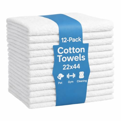JMR White Bath Towels Bulk Pack of 12 (22x44) - 100% Cotton Lightweight & Quick-Dry Cotton Towels for Hotel, Rental Properties, Gym & Commercial Use