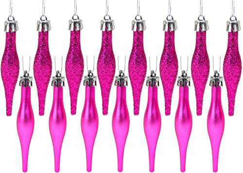 Pack of 15-8.5cm, 85mm (3.4) Droplet Baubles - Matte & Glitter Design - Christmas Ornaments (Hot Pink)