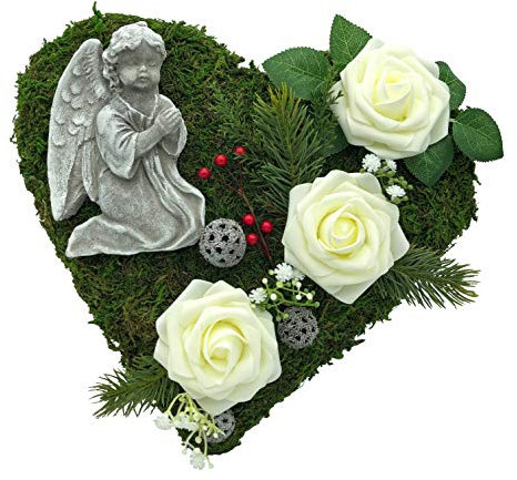 Grabgesteck Grabschmuck Grabaufleger Moosherz Grabherz Trauerherz Grab Herz Gesteck Rosen mit Engel (Rosen Weiß)