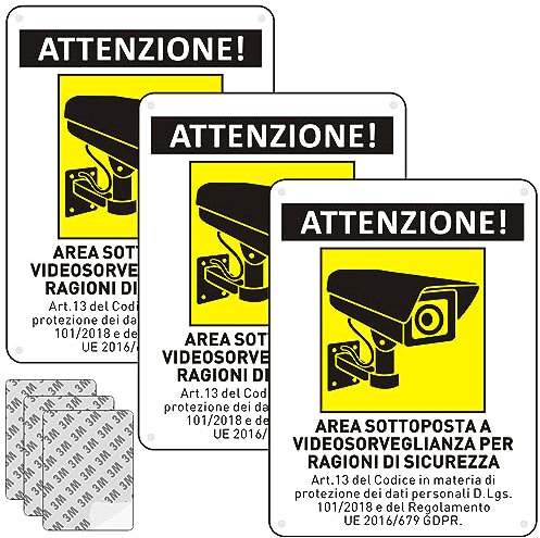 Cartello Area Videosorvegliata con Avviso GDPR, 3 Cartello Videosorveglianza, 20x15cm, Pvc Ultra Resistente, Fori Preforati, con Adesivo 3M, Impermeabile, per Casa e Negozio, Interno ed Esterno