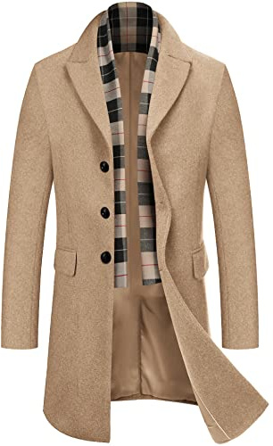 COOFANDY Winter Mid-long Coat Men Slim Fit Trench Coats Business Wool Blend Overcoat 2025 Stylish Trench Coat Khaki 3XL