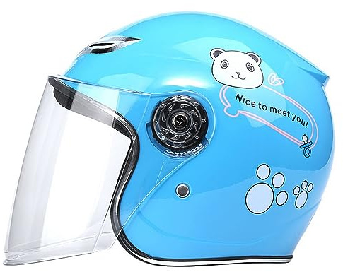 AOOPOO Casco Moto per Bambini Ragazza Ragazzo, Casco Jet con Visiera, Casco per Scooter per Bambini Casco per Ciclomotore Casco per Bicicletta, Sgancio Rapido 44-52 Cm, Blu cielo, Taglia unica