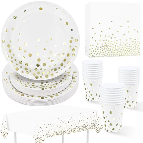 Vaisselle de fête Jetables, Lot de 97 Assiettes en papier, Serviettes, Gobelets en papier, Nappe Blanc avec feuille d’or Ensemble Vaisselle