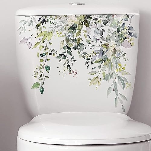 Green Plant Leaves Flowers Toilet Seat Lid Stickers Self-Adhesive Bathroom Stickers Green Leaf Floral Toilet Lid Decals DIY Removable Waterproof Toilet Sticker for Cistern Decor Toilet Lid Decals
