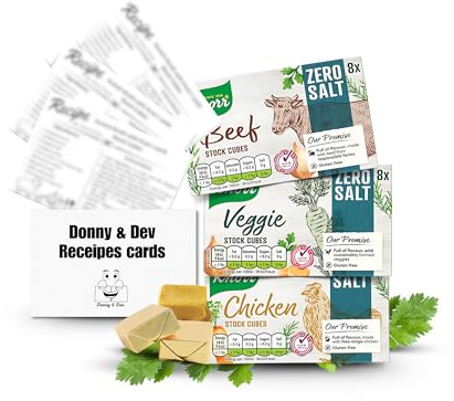 Stock Cube Bundle Salt Free │ Knorr No Salt (Gluten Free) │ Chicken Stock Cubes (8x10g) │ Beef Stock Cubes (8x10g)│ │ Vegetable Stock (8x10g) │& Inspirational Cooking Recipes Donny & Dev