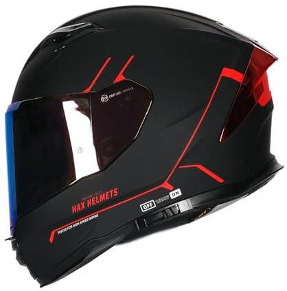HAX Force Aerodynamic Full Face Helmet for Street & E-Bikes DOT & ECE Certified - Enhanced Dual Visor, Adult Size, Pinlock Ready Matte Black Red M