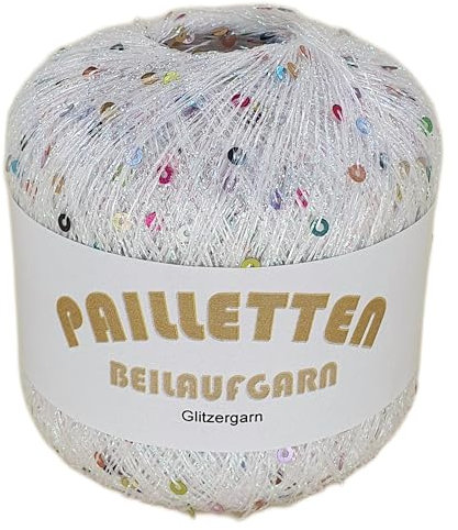 Pailletten Beilaufgarn auf 25 Gramm Knäuel in der Farbe Weiß-Irisé mit Pailletten in Multicolor