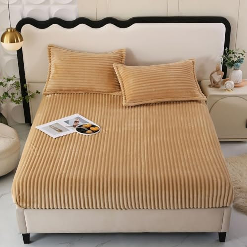 SASIGAYA Spannbettlaken Khaki 150×200cm Flanell Spannbetttuch Winter Plüsch Fleece Spannbetttucher Superweiches Matratzenschoner Flauschig Warme Bettlaken für Boxspringbett Topper Matratzen bis 25cm