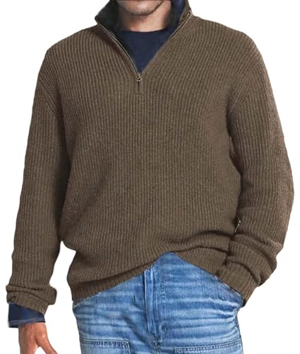 VaiKanhai Men's Business Knitted Jumper Men's Elegant Winter Knitted Sweater Cotton Warm Chunky Knit Casual Warm Sweater Long Sleeve with Zip Lapel Shirt Jacket Casual Sports, Brown 53, XL