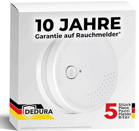 Rauchmelder 5er Set - 10 Jahre Garantie mit 9V Batterie austauschbar - nach DIN EN14604 von BSI zertifizierter Feuermelder, Rauchwarnmelder und Brandmelder