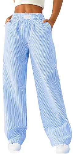 Rapbin Women's Cotton Lounge Pants Comfy Pajama Bottom Soft Stretch Sleepwear Casual Stripe Pant with Pockets Azure