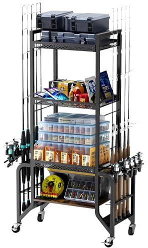 JAOGAUS 4 Layer Fishing Rod Holder with Wheels for 10 Rods, Fishing Rod Rack with 4 Rollers for Easy Movement, 2 Of Them with Brakes, For Garage, Boat, Home, Large Capacity Fishing Accessories