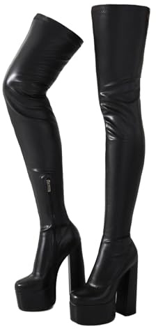 Ceciloroda Femmes's Over-the-Bottes au Genou Plateforme Hauts Talons Bloc Thigh Bottes Hautes Stretch Botas para Mujer Pole Danse Stripper Black Size 42