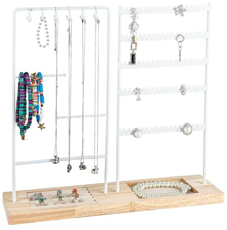 OulQinyhome Portagioie con Base in Legno Espositore Gioielli in Metallo Organizer a 2 Lati per Collane Orecchini Bracciali e Anelli Porta Gioielli da Tavolo Idea Regalo Donna Bianco
