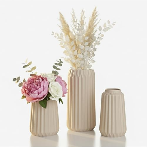 Relaxdays set med 3 vaser, 3 storlekar, färska och torkade blommor, keramik, bordsdekor, beige, 20 x 10 x 10 cm