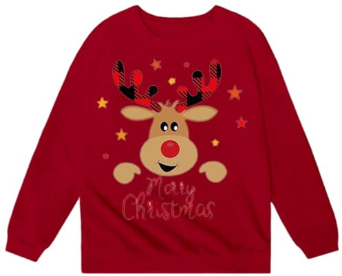 Felpa natalizia per ragazzi e ragazze, con scollo rotondo, a tunica, leggera, a maniche lunghe, con albero di Natale, girocollo, streetwear per ragazza, Rosso, 8-9 Years