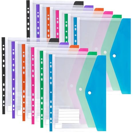 12 fundas para documentos A4 para archivadores de anillas, transparentes con botón de presión y campo de rotulación, 11 agujeros, ampliable 20 mm, organizador para carpetas de 2/3/4 anillas