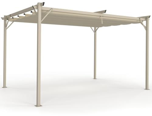 IDMarket - Pérgola retráctil techo 4 patas 3x4 m cenador efecto madera y lienzo beige