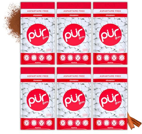 PUR Gum | Sugar Free Chewing Gum | Made with Xylitol | Vegan, Aspartame Free, Gluten Free and Keto Friendly | Natural Cinnamon Flavoured Gum, 55 Pieces (Pack of 6)